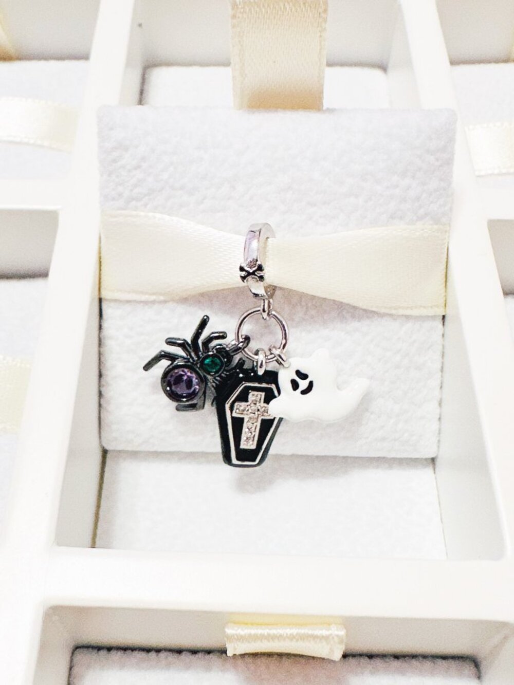 925 Sterling Silver Halloween Ghost, Spider And Coffin Dangle Charm Fits Pandora